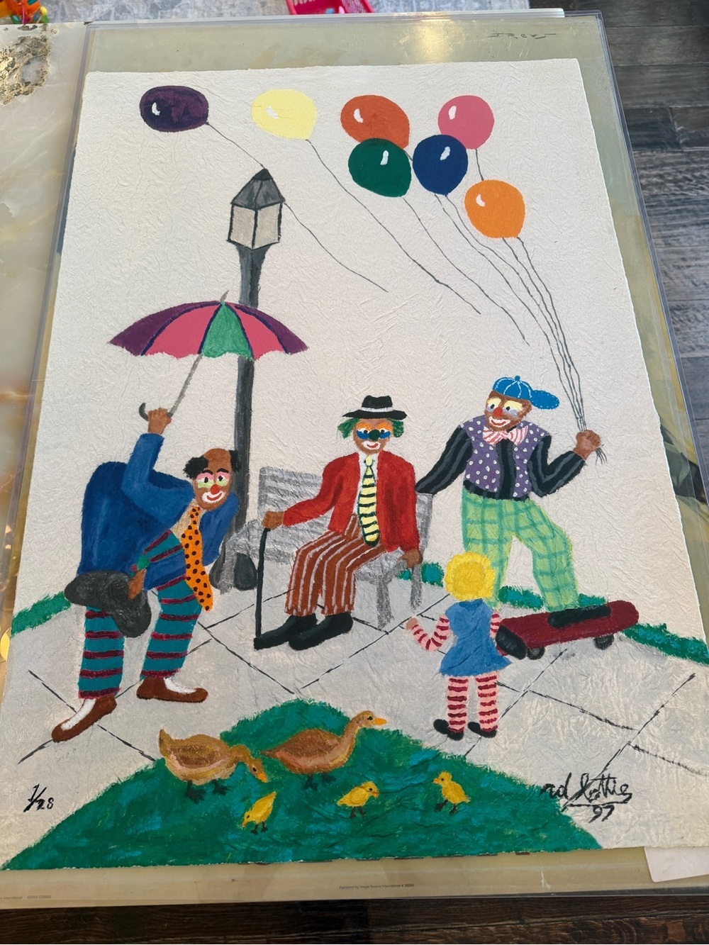 Vintage Multicolor Clown Park Scene Painting